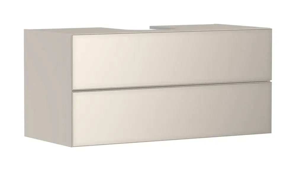 Hansgrohe Waschtischunterschrank in sandbeige Matt, minimalistische Form mit zwei Schubkästen. Ideal für moderne Badezimmer mit Konsolen-Aufsatzwaschtisch.